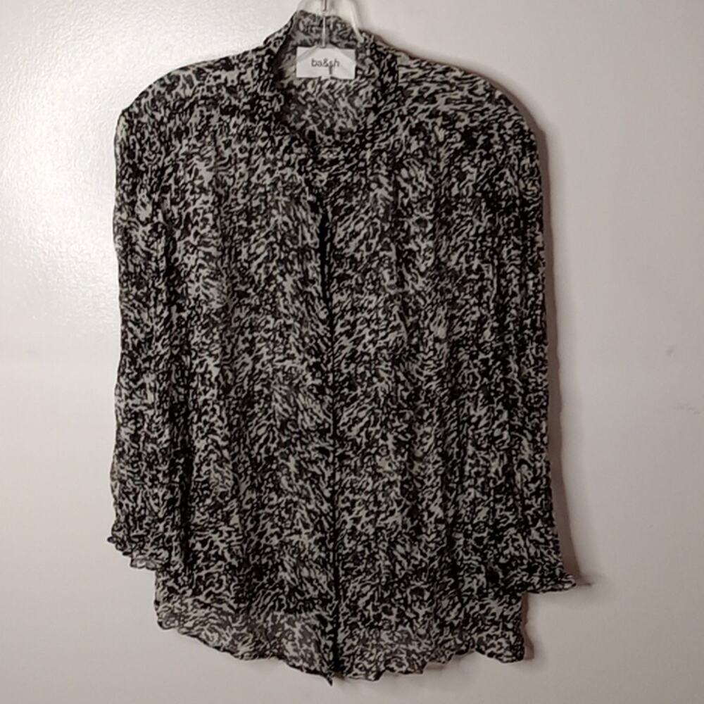 ba&sh Women's Size 8 Elia Ruffle Button Down Blouse Black White Print . Sheer